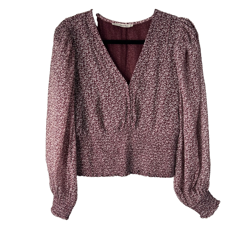 Abercrombie & Fitch CropTop Size M Burgundy Leaf Print Smocked Waist Puff Sleeve